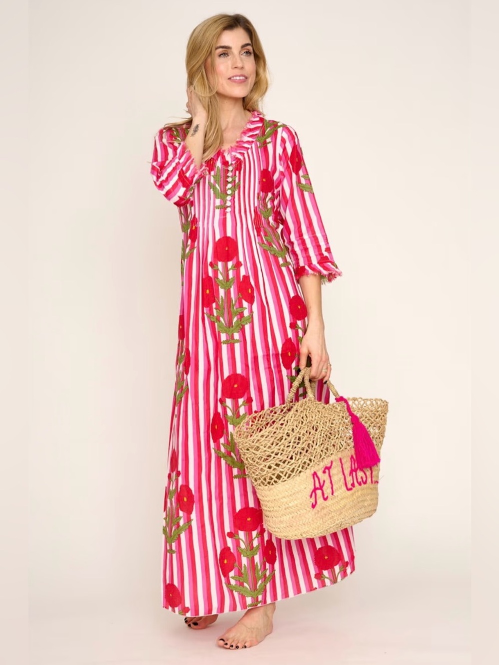 New! At Last Pink Annabel Striped Floral Red Marigold Maxi Dress 🌹XL
